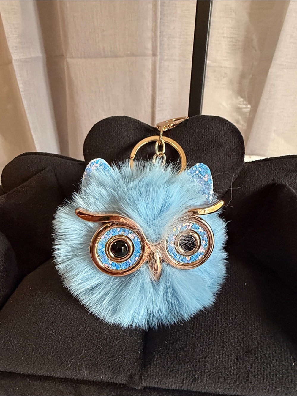 Fluffy Blue Owl Keychain Bag Charm - Faux Fur Accessory